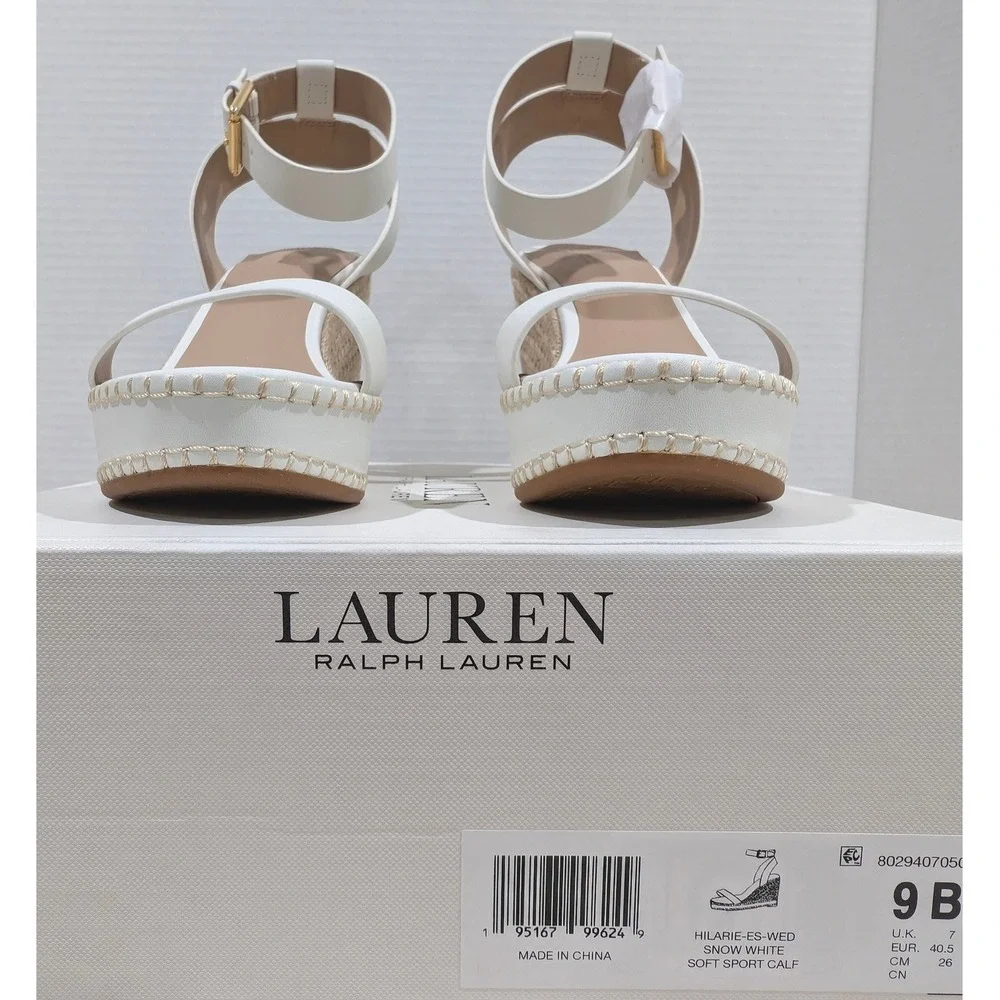 Lauren Ralph Lauren Hilarie White Leather Espadrille‎ Wedge Sandals 9B MSRP $155
